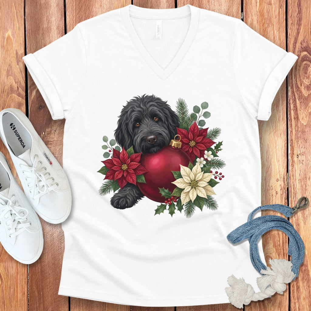 Black Goldendoodle Holiday Cheer V-Neck T-Shirt in White / S by Puppy Jo