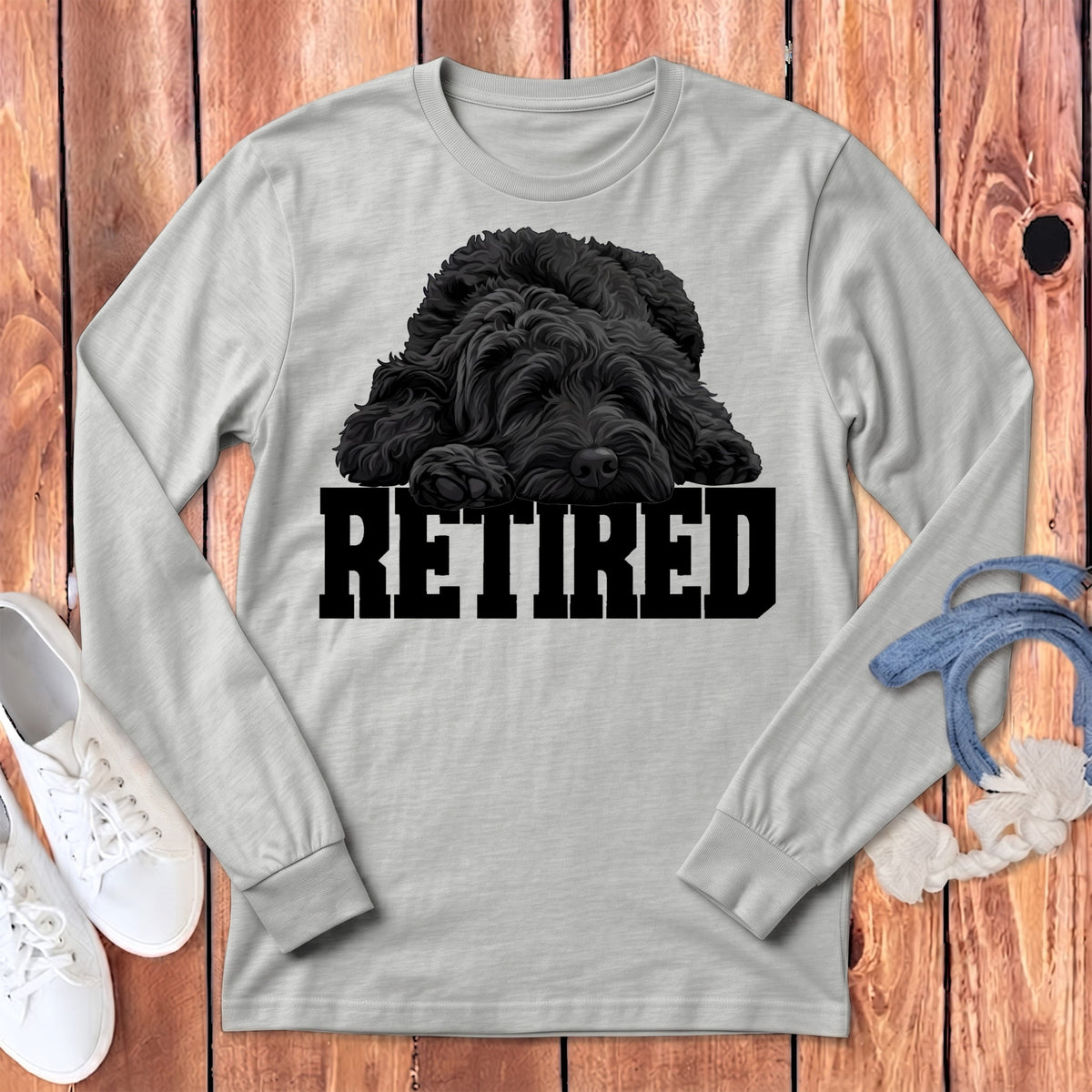Retired Sleeping Black Goldendoodle Long Sleeve T-Shirt in Athletic Heather / S by Puppy Jo