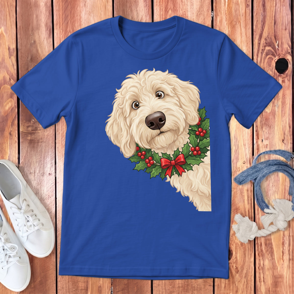 Blue t-shirt with a golden doodle wearing a holly wreath and red bow.