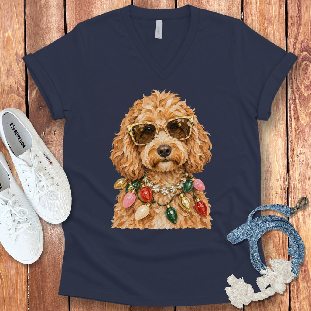 Navy v-neck t-shirt with a poodle wearing sunglasses and a Christmas light necklace.