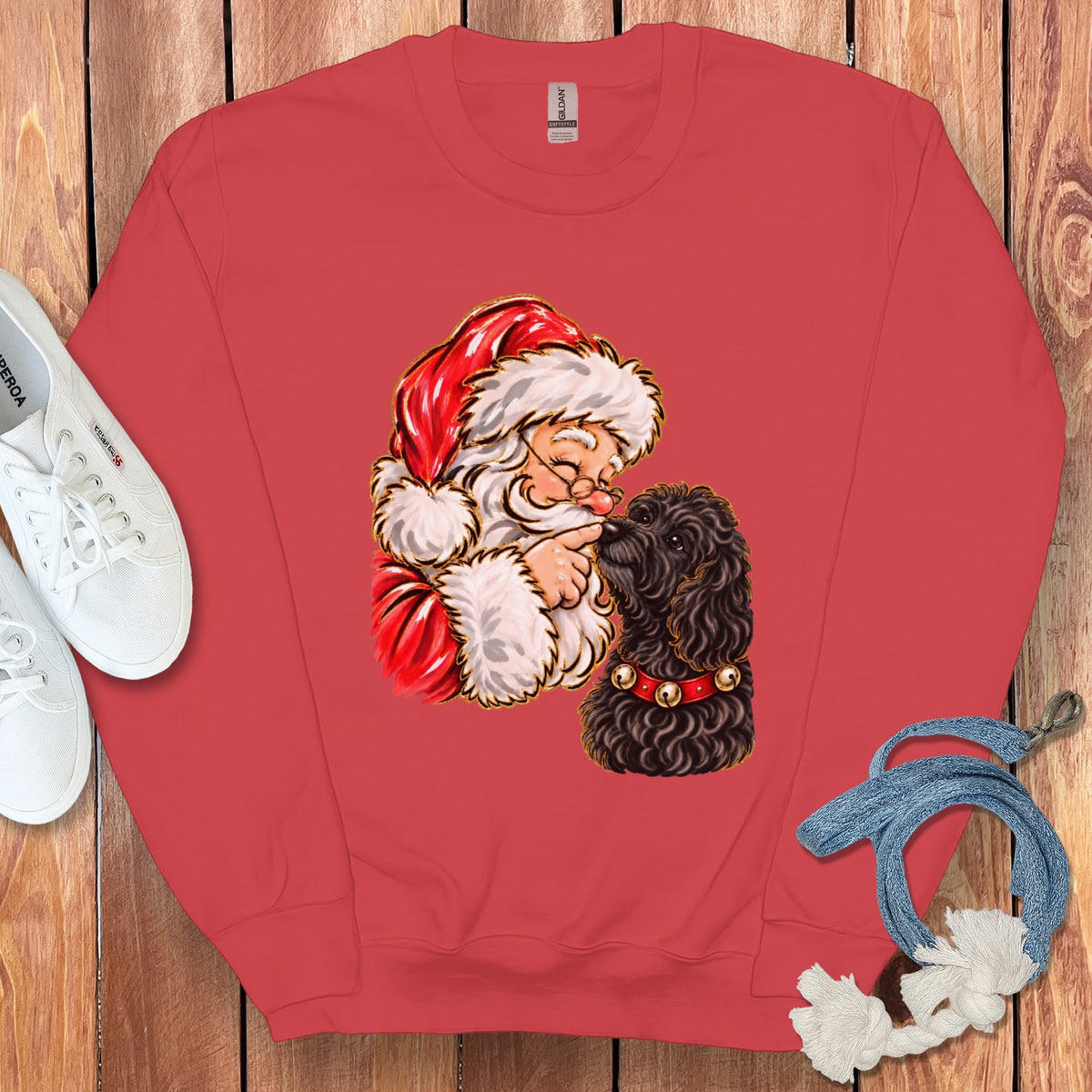 Black Goldendoodle Santa Kiss Sweatshirt in Red / S by Puppy Jo