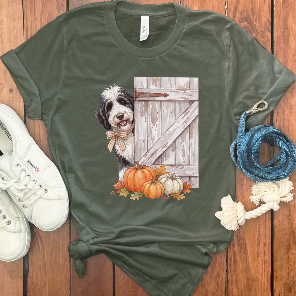 Sheepadoodle Barn Peeking T-Shirt in Military Green / S by Puppy Jo