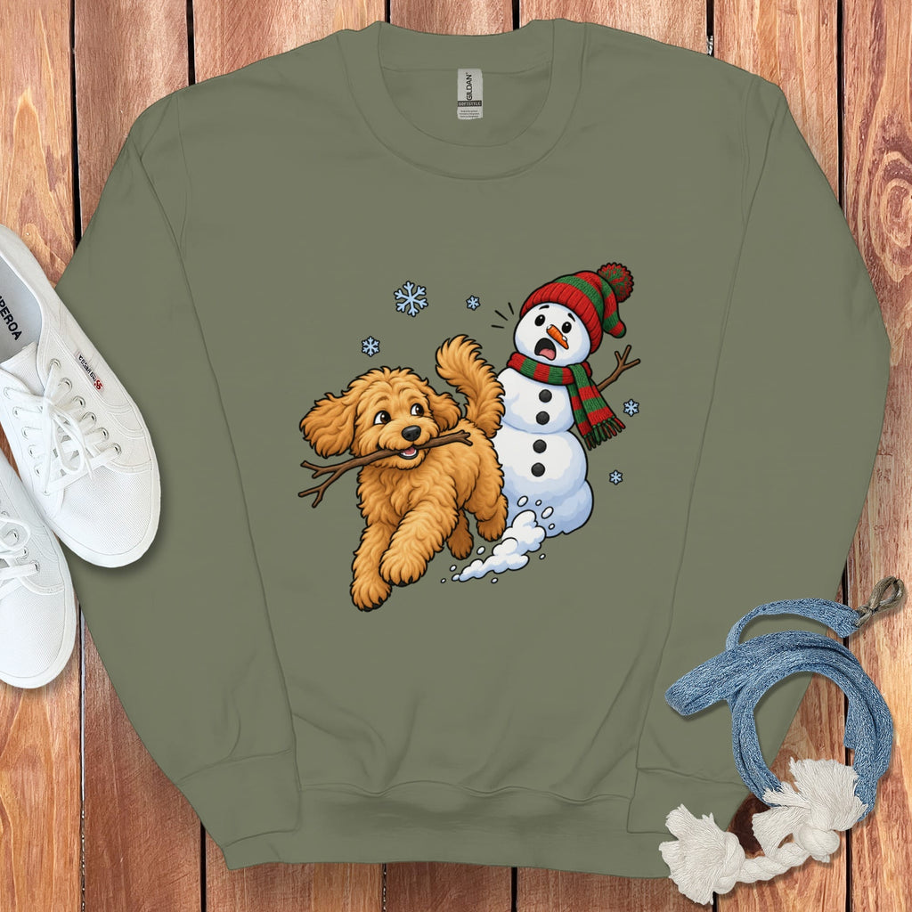 Apricot Goldendoodle Snowman Sweatshirt in Military Green / S by Puppy Jo