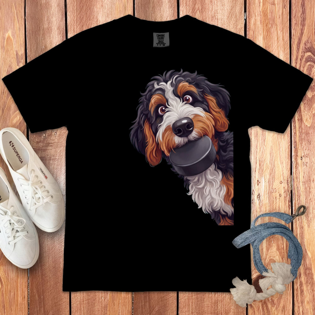Bernedoodle Hockey Puck Signature T-Shirt in Black / S by Puppy Jo
