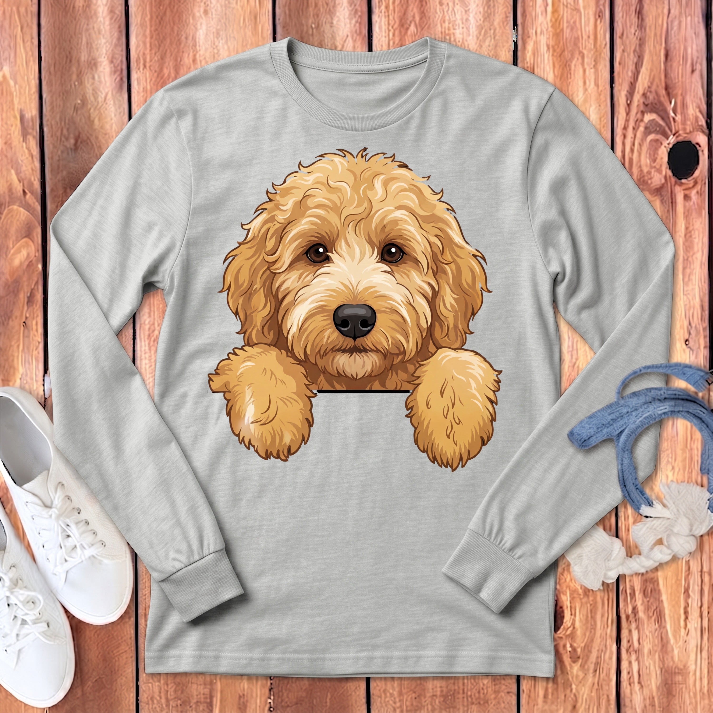 Light grey long sleeve t-shirt with a cute doodle dog graphic.