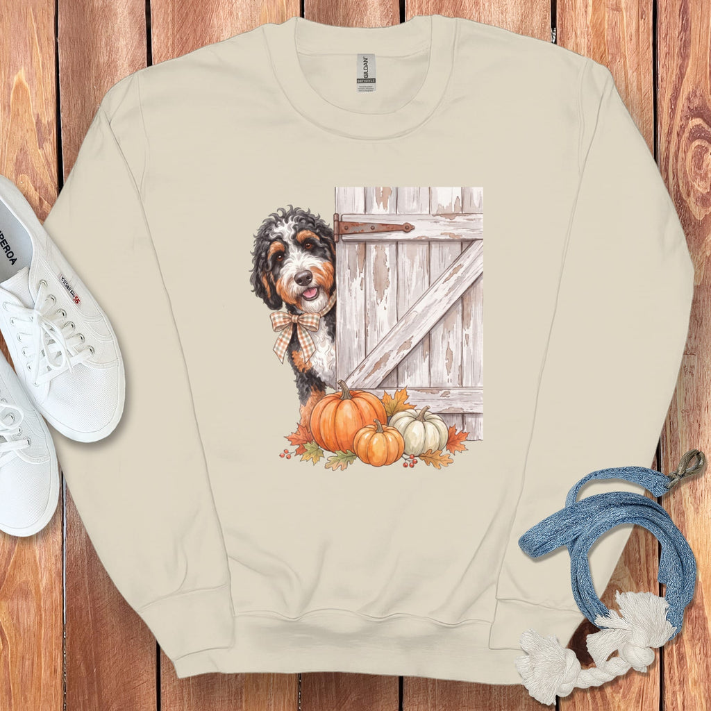 Bernedoodle Barn Peeking Sweatshirt in Sand / S by Puppy Jo