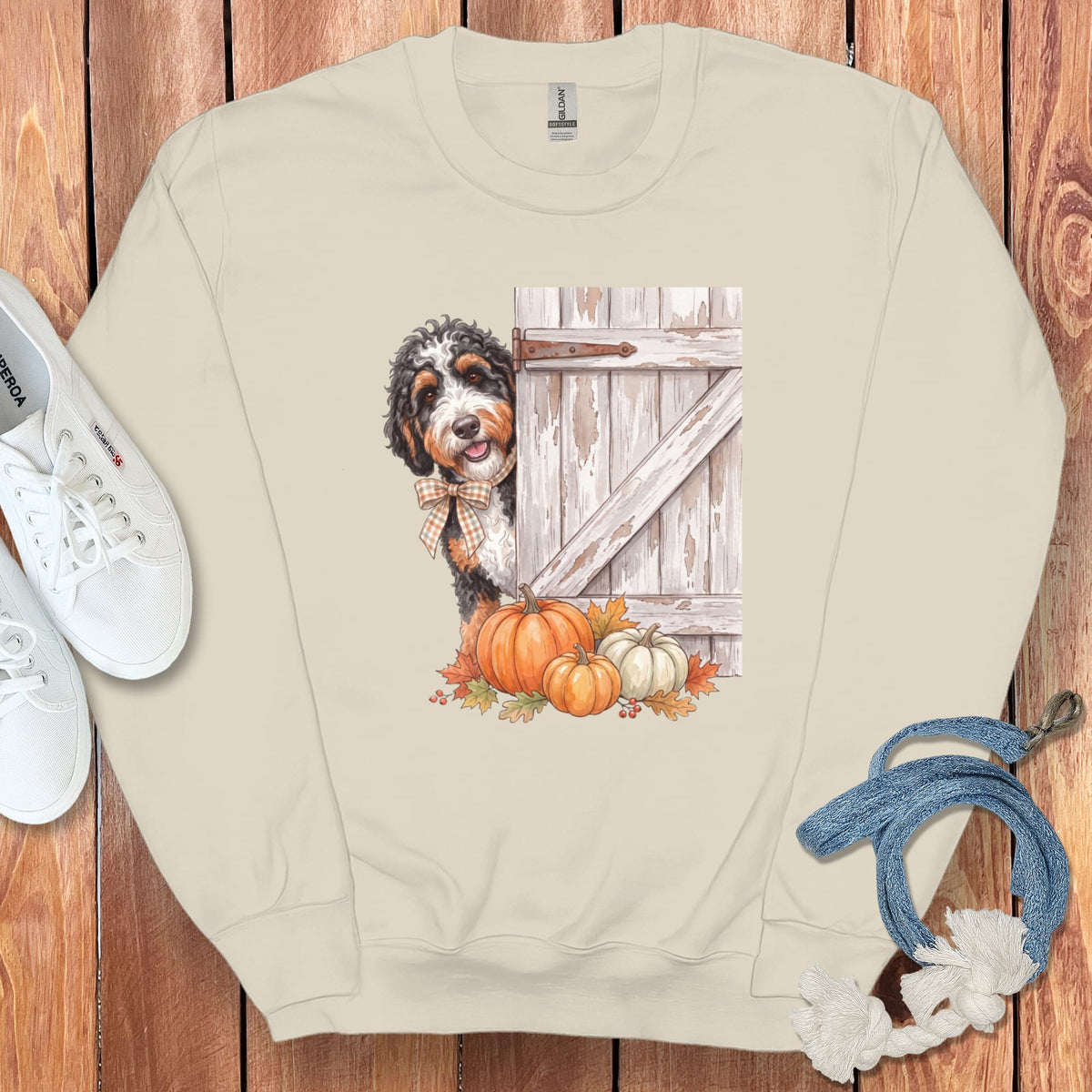 Bernedoodle Barn Peeking Sweatshirt in Sand / S by Puppy Jo