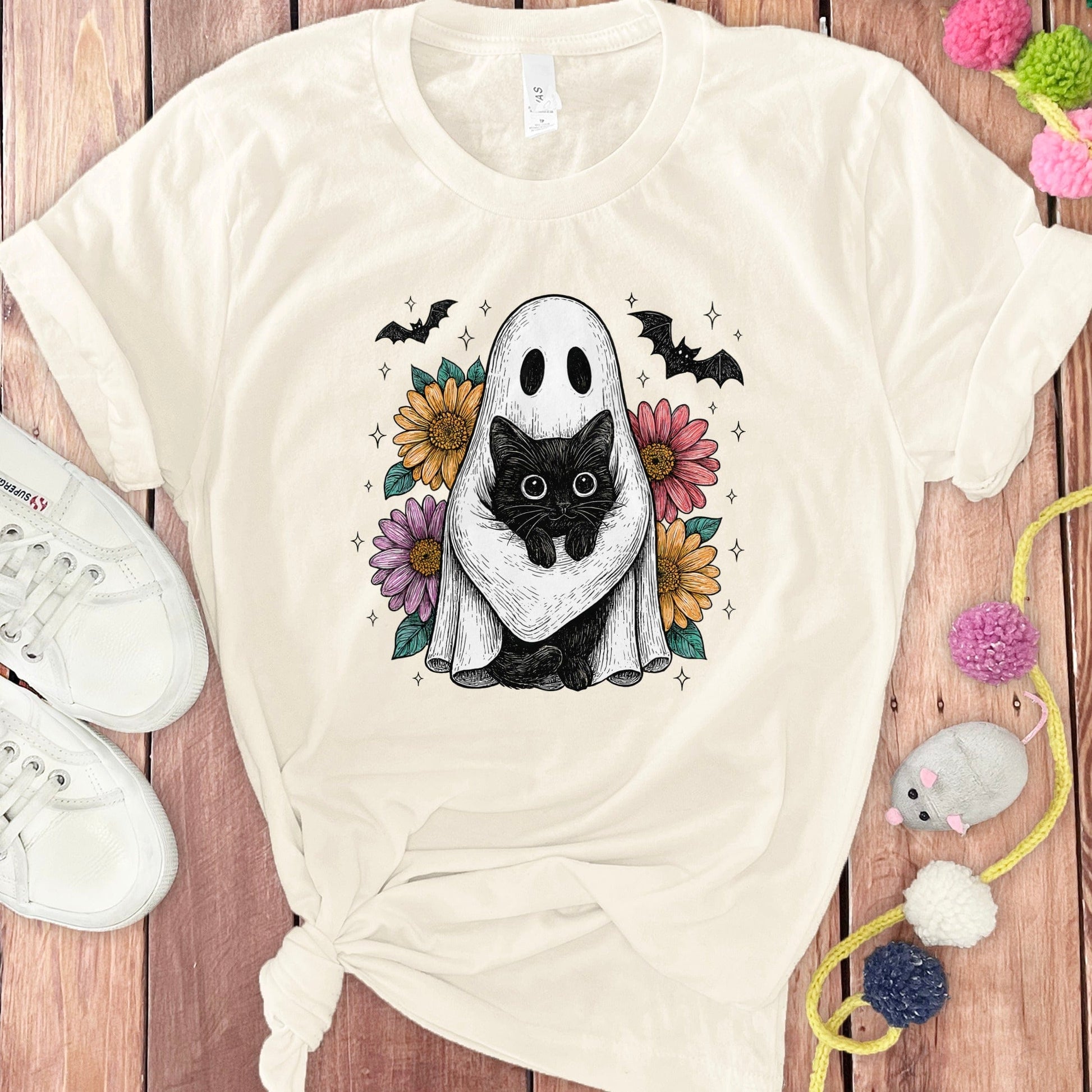 Cute Ghost and Black Cat Floral Pattern T-shirt product
