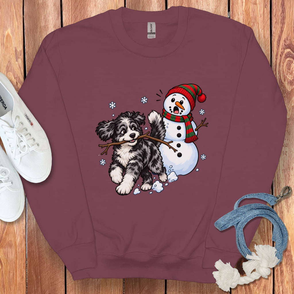 Merle Goldendoodle Snowman Sweatshirt in Maroon / S by Puppy Jo