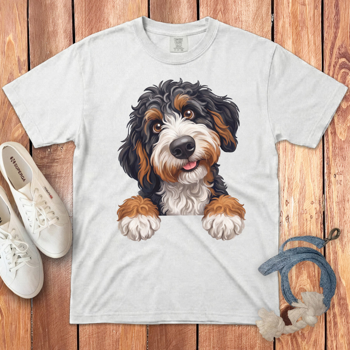 White t-shirt with a cute Bernese Mountain Dog puppy graphic.