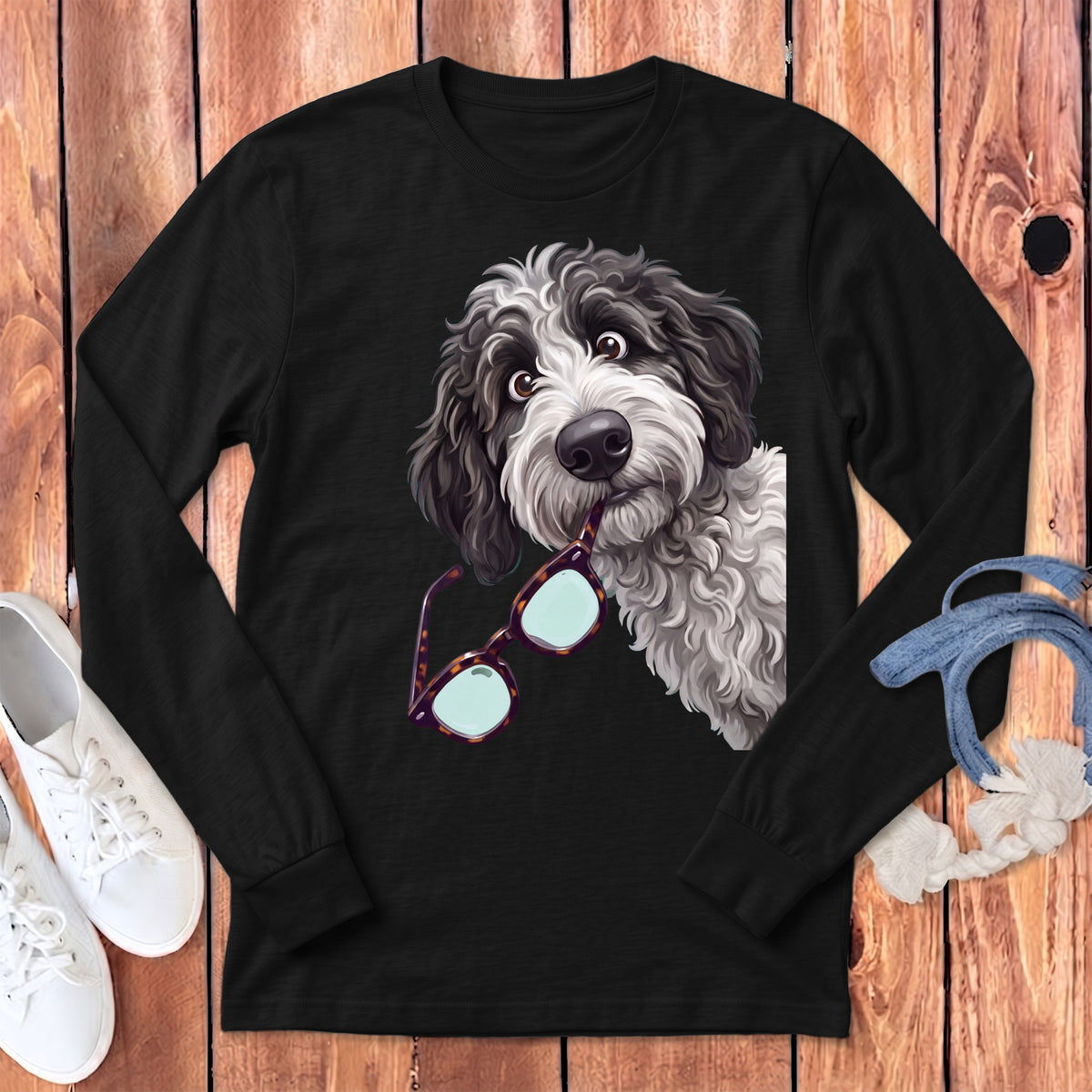 Black long-sleeve t-shirt featuring a graphic of a fluffy dog holding glasses in its mouth.
