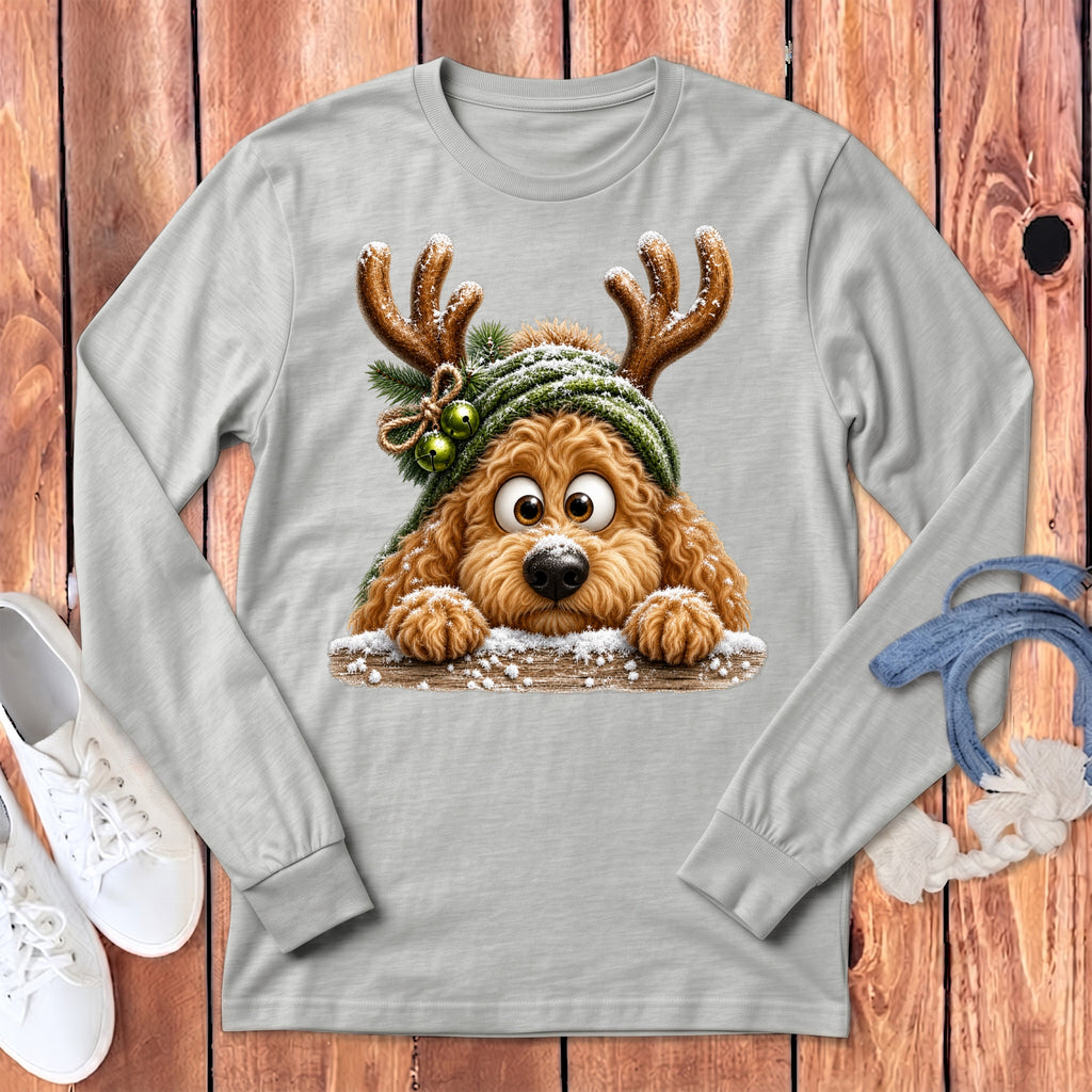 Light gray long-sleeve shirt with a cartoon dog wearing reindeer antlers and a green beanie.