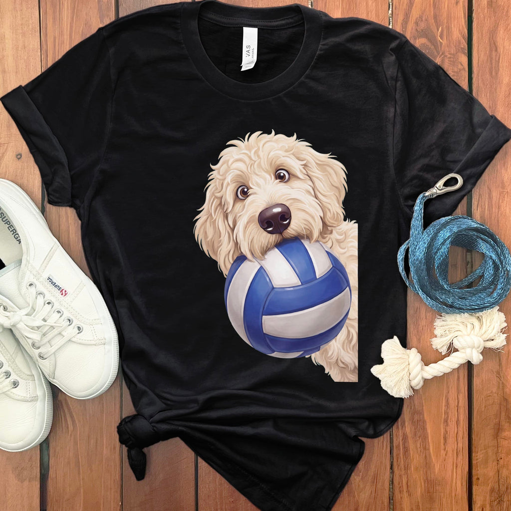 Cream Goldendoodle Volleyball T-Shirt in Black / S by Puppy Jo