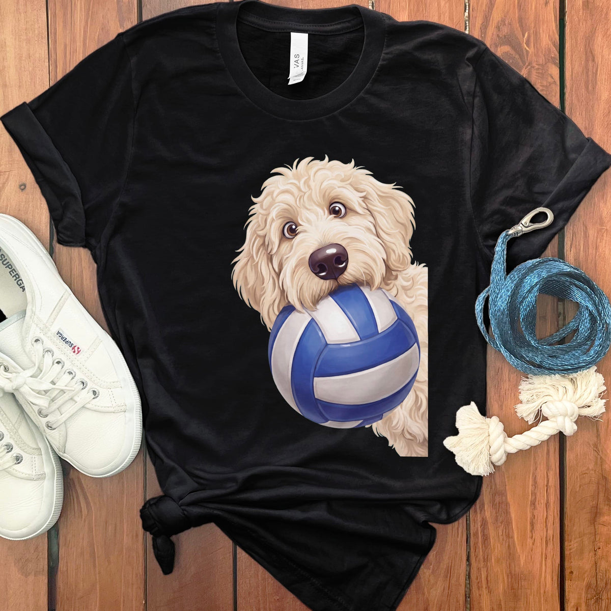 Cream Goldendoodle Volleyball T-Shirt in Black / S by Puppy Jo