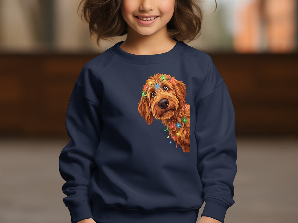 Navy sweatshirt with a doodle dog wearing colorful Christmas lights graphic.