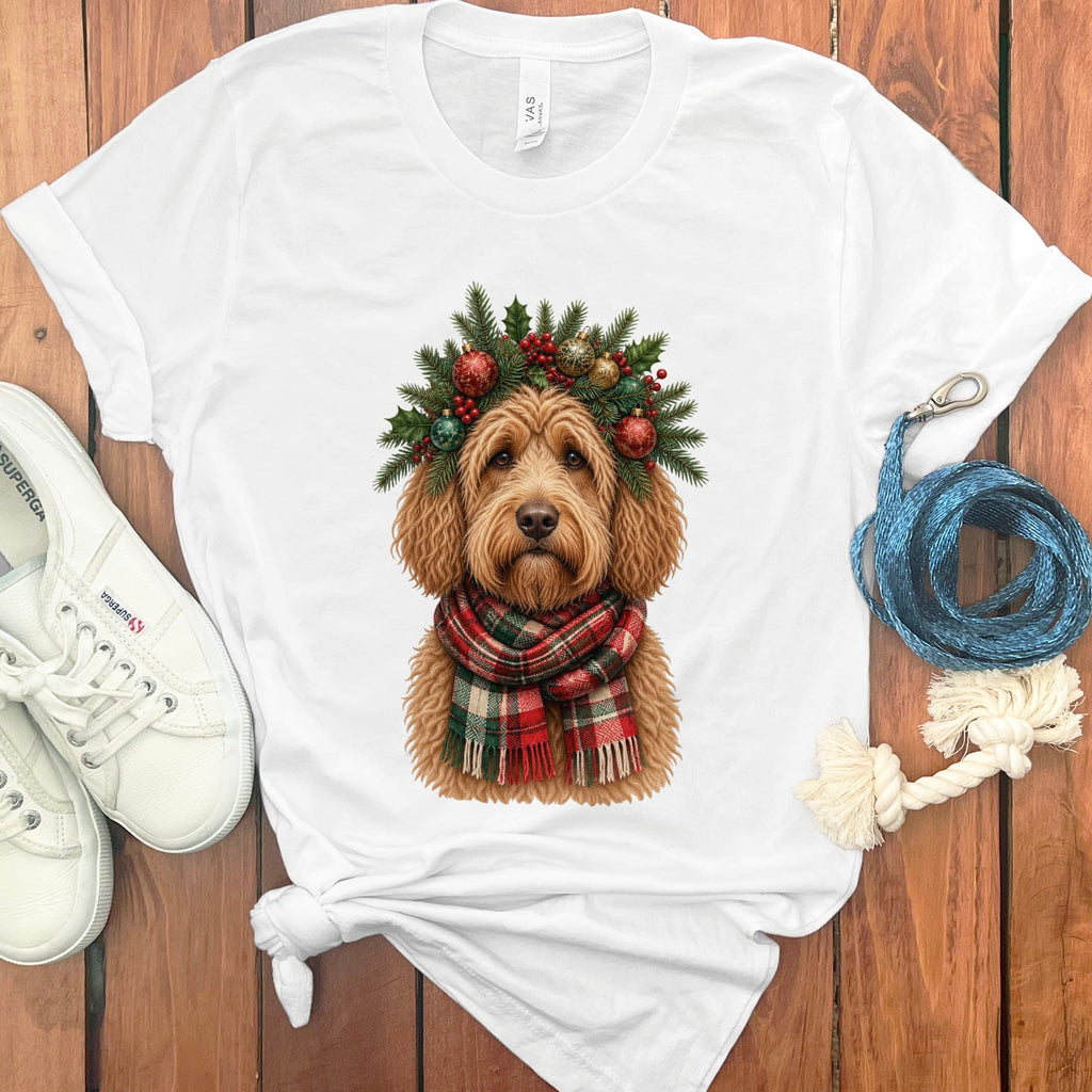 Apricot Goldendoodle Holiday Crown T-Shirt in White / S by Puppy Jo