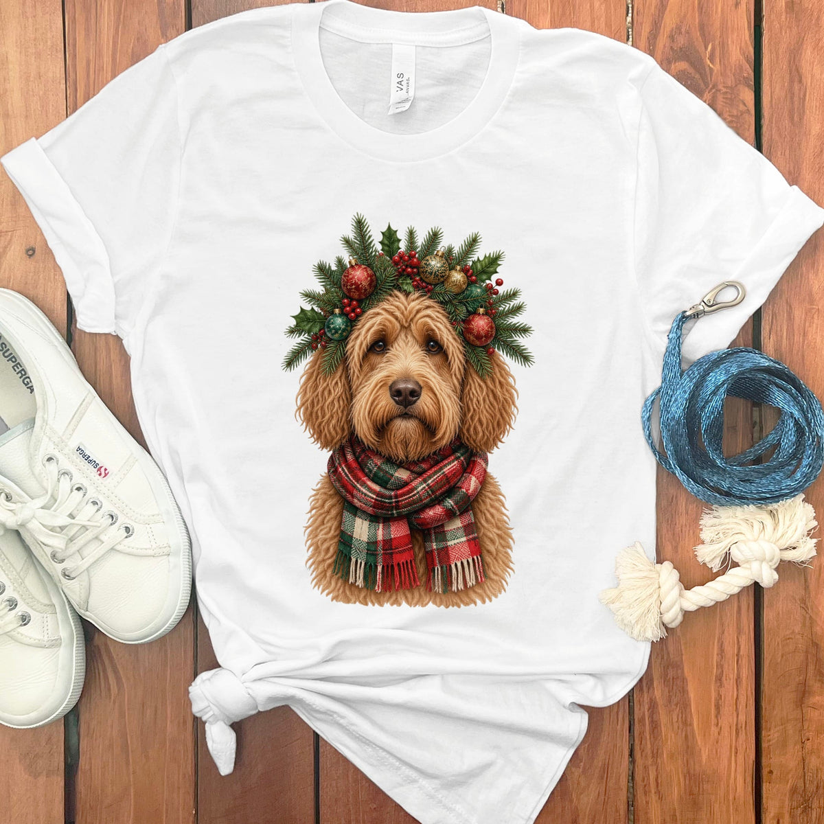 Apricot Goldendoodle Holiday Crown T-Shirt in White / S by Puppy Jo