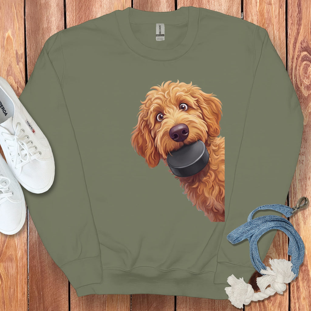 Apricot Goldendoodle Hockey Puck Sweatshirt in Military Green / S by Puppy Jo