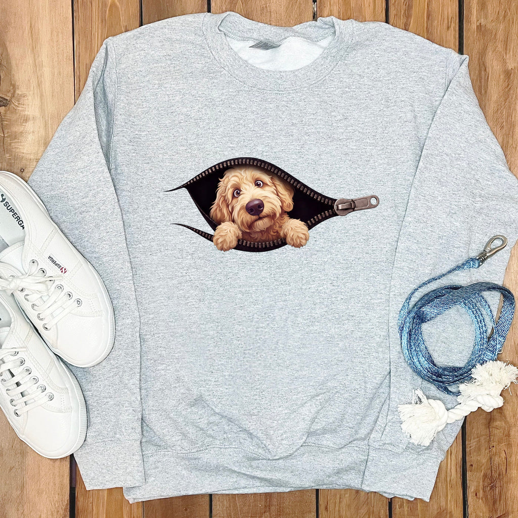 Cream Goldendoodle Peeking Zipper Sweatshirt in Sport Grey / S by Puppy Jo