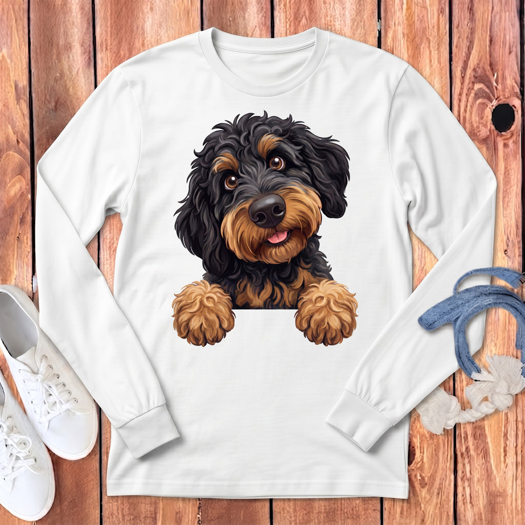 White long-sleeve shirt with a doodle dog graphic peeking over a white bar.
