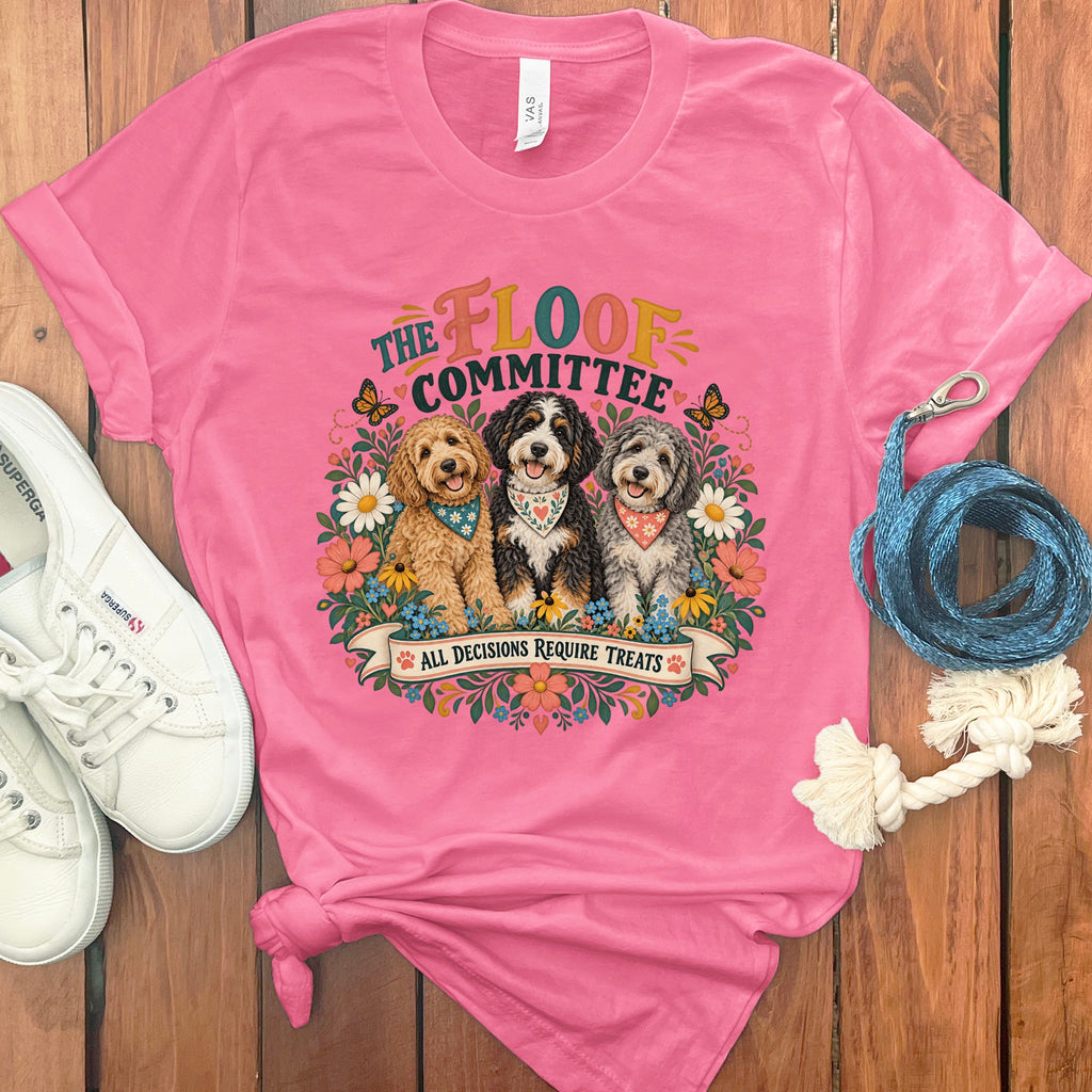 Pink t-shirt with "The Floof Committee" and three dogs, saying "All Decisions Require Treats".
