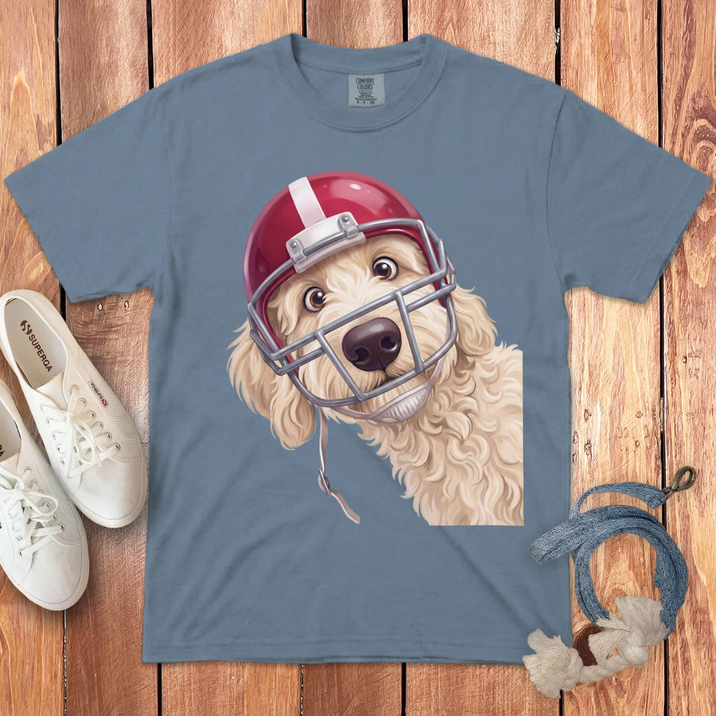 Cream Goldendoodle Football Helmet Signature T-Shirt in Blue Jean / S by Puppy Jo