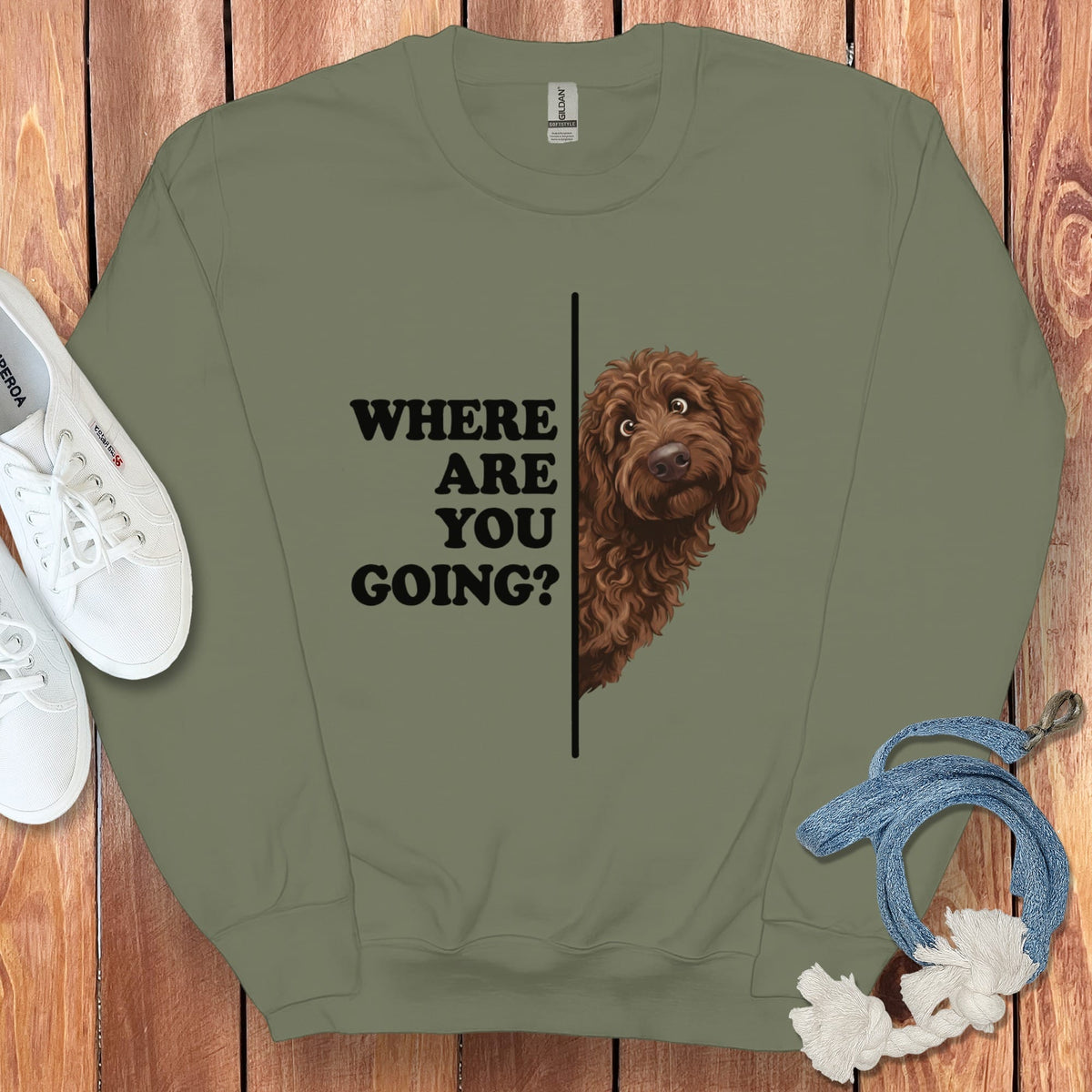 Where Going Chocolate Goldendoodle Sweatshirt in Military Green / S by Puppy Jo
