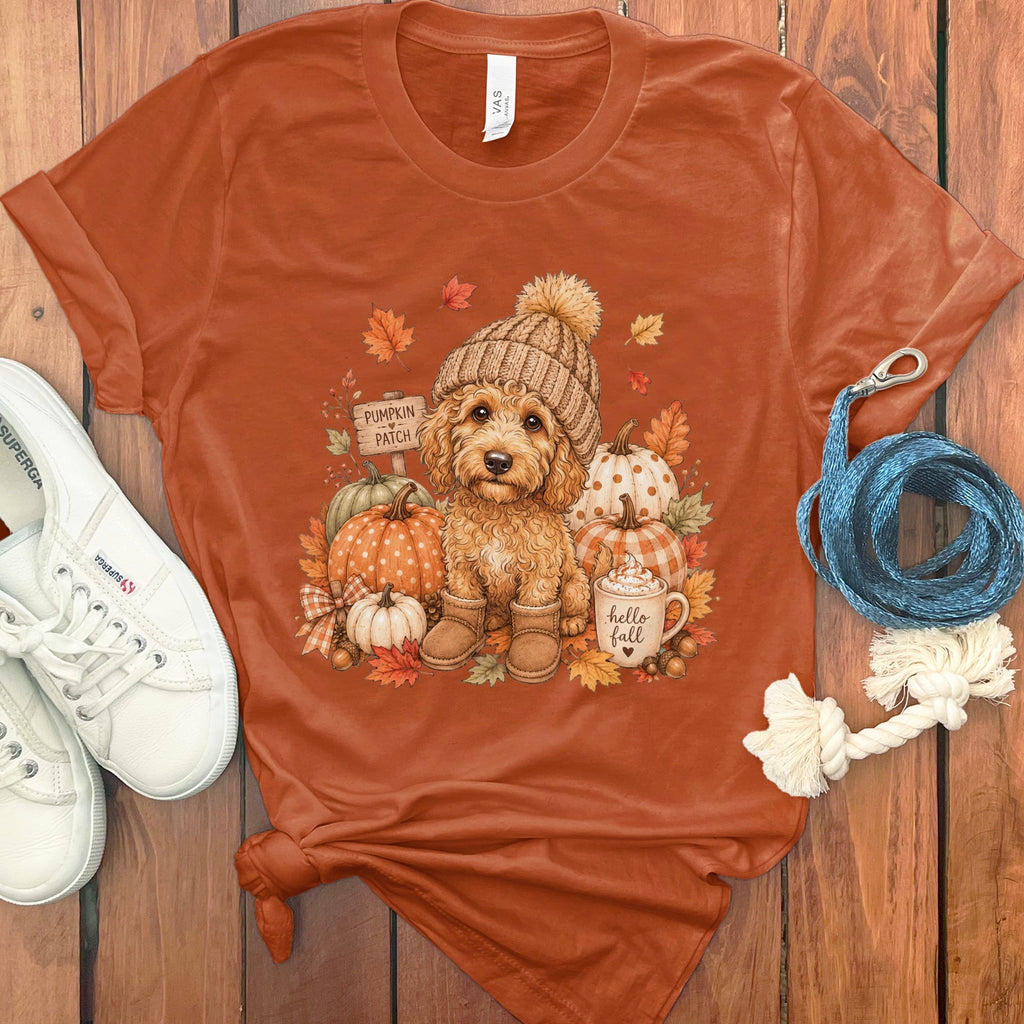 Apricot Goldendoodle Pumpkin Patch T-Shirt in Autumn / S by Puppy Jo