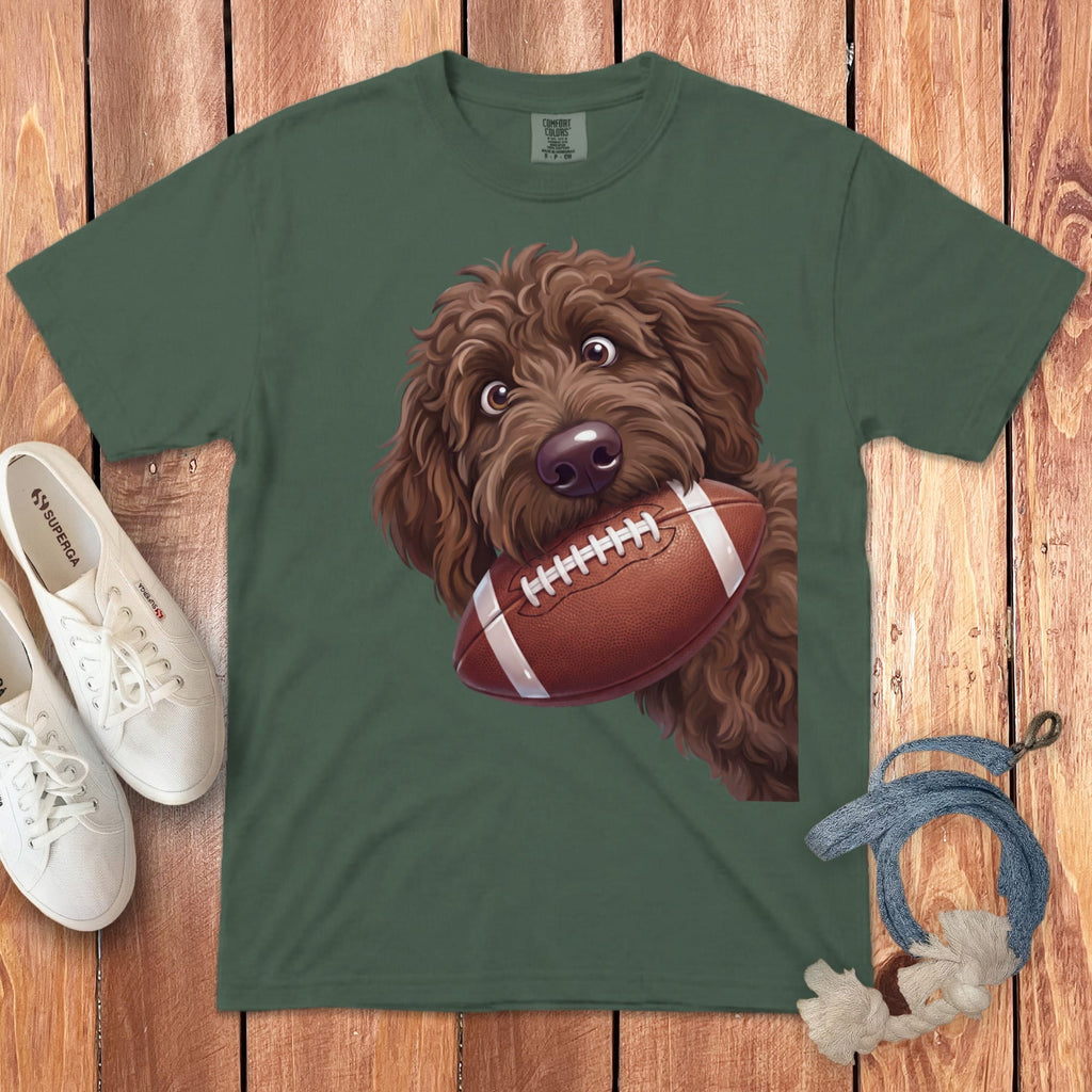 Chocolate Goldendoodle Football Signature T-Shirt in Blue Spruce / S by Puppy Jo
