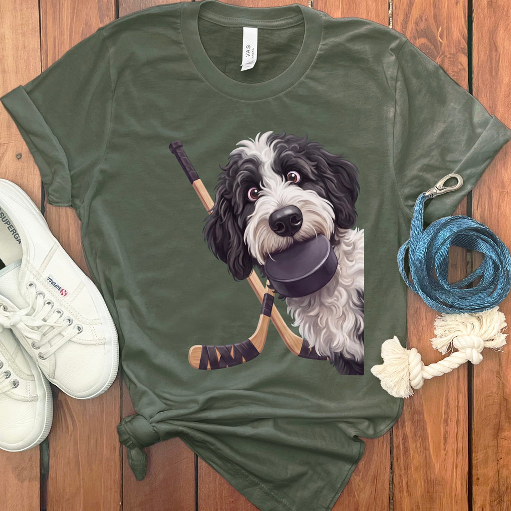 Sheepadoodle Hockey T-Shirt in Military Green / S by Puppy Jo