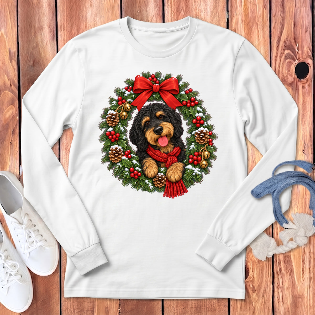 A white long-sleeved shirt featuring a graphic of a black and brown dog inside a Christmas wreath.