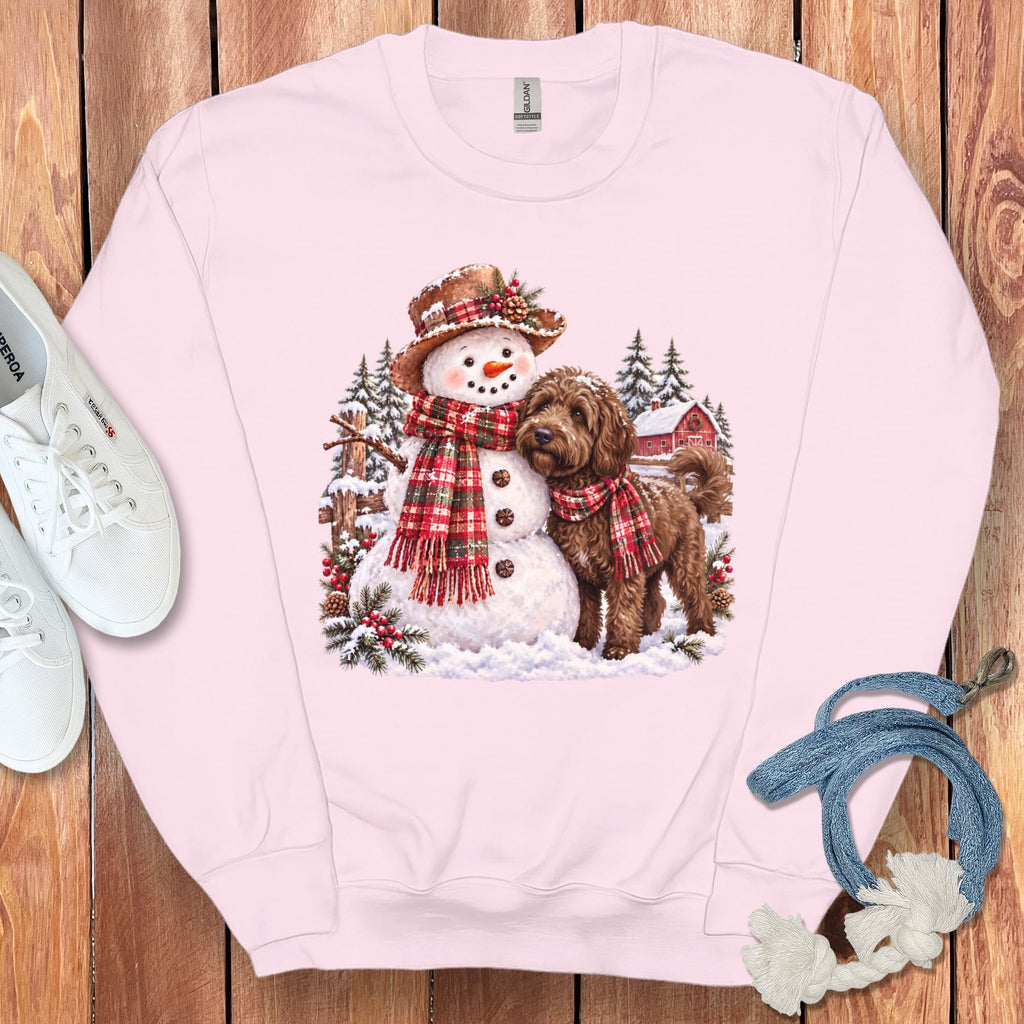 Chocolate Goldendoodle Christmas Snowman Sweatshirt in Light Pink / S by Puppy Jo