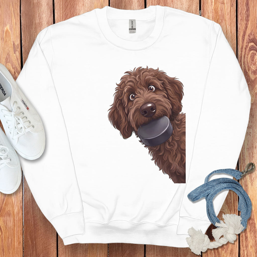 Chocolate Goldendoodle Hockey Puck Sweatshirt in White / S by Puppy Jo