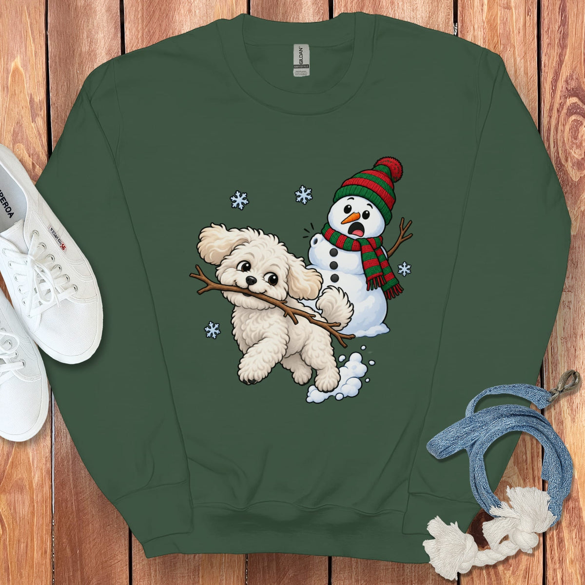 Maltipoo Snowman Sweatshirt in Forest Green / S by Puppy Jo