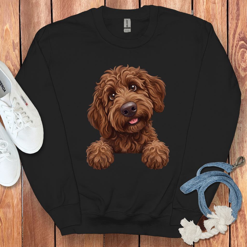 Black crewneck sweatshirt with a brown doodle dog graphic on the front.