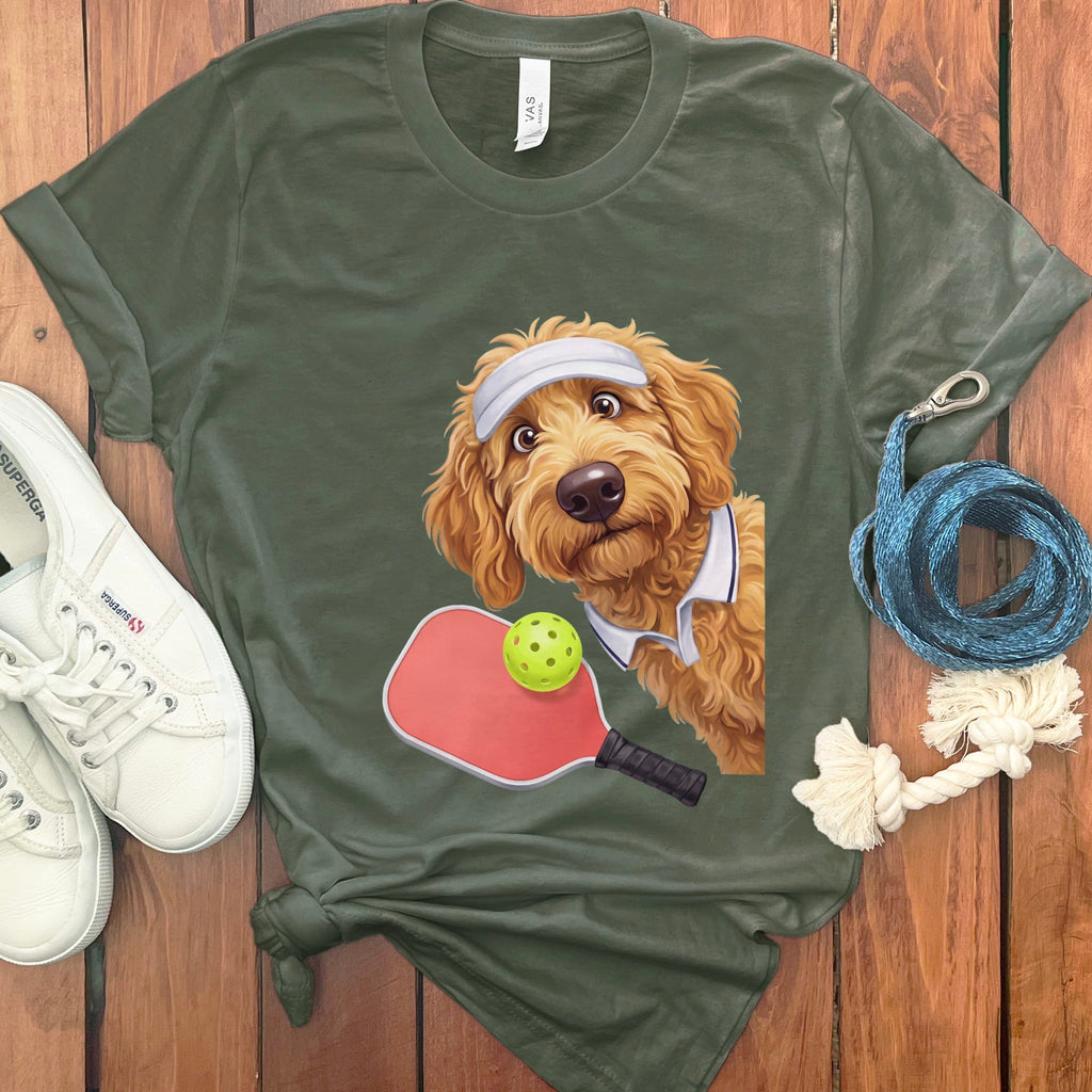 Golden Goldendoodle Pickleball Player T-Shirt in Military Green / S by Puppy Jo