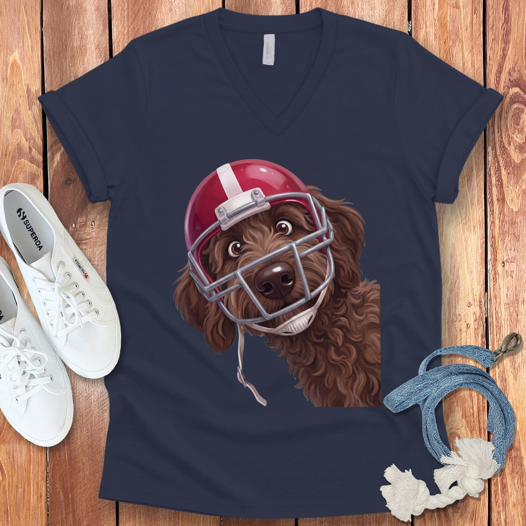 Chocolate Goldendoodle Football Helmet V-Neck T-Shirt in Navy / S by Puppy Jo