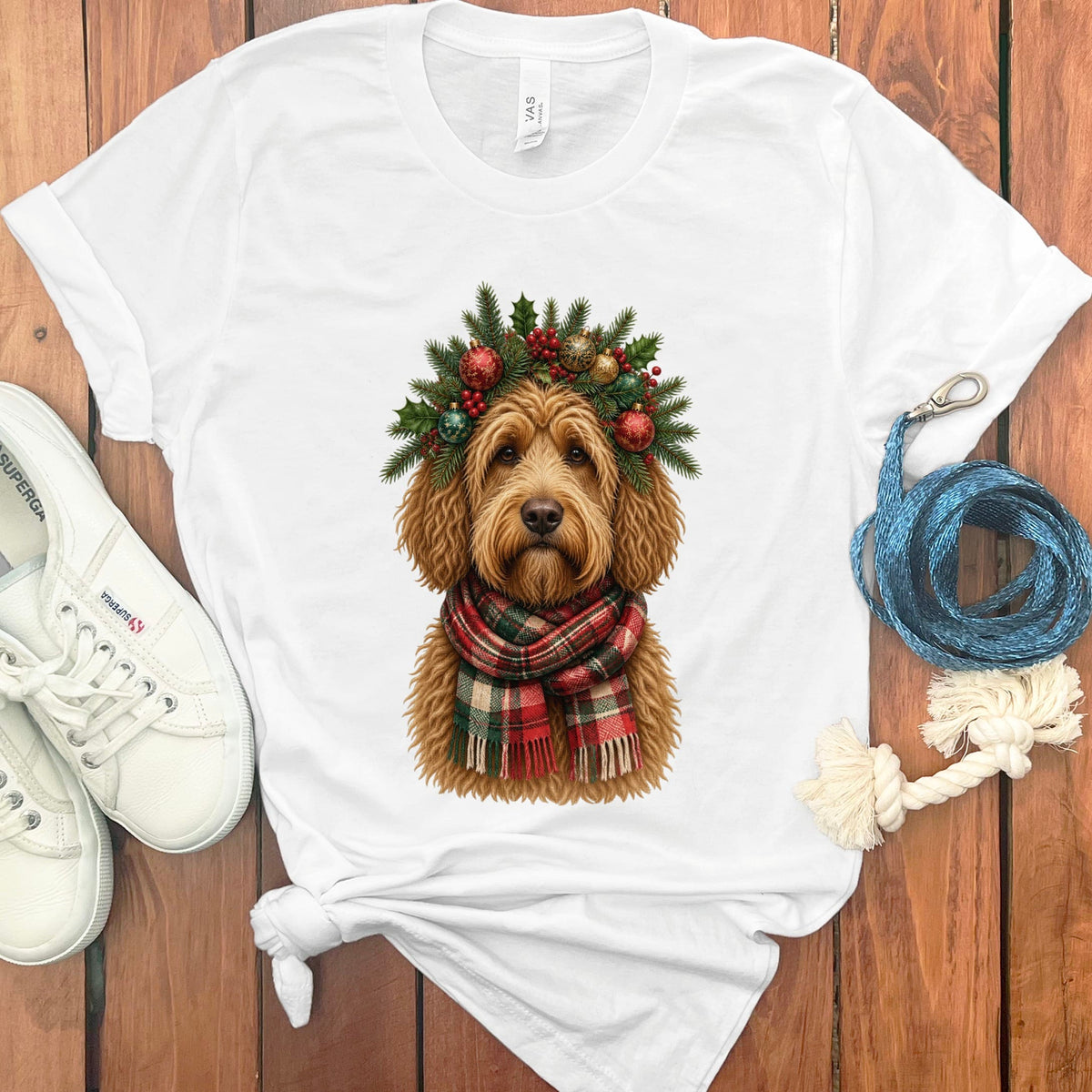 Golden Goldendoodle Holiday Crown T-Shirt in White / S by Puppy Jo