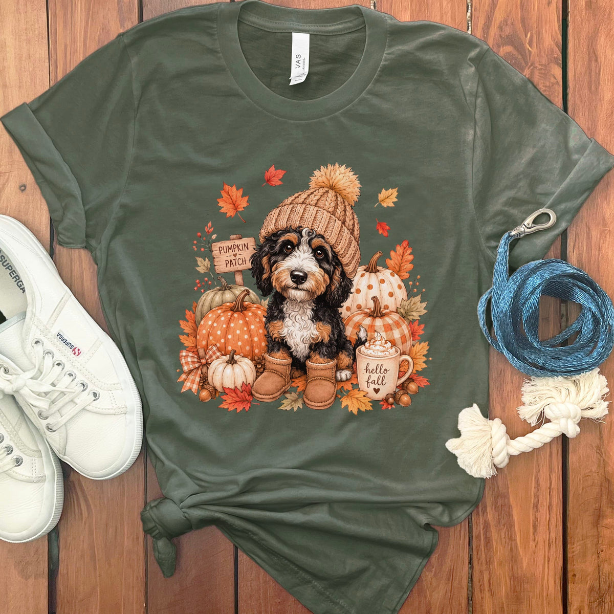 Bernedoodle Pumpkin Patch T-Shirt in Military Green / S by Puppy Jo