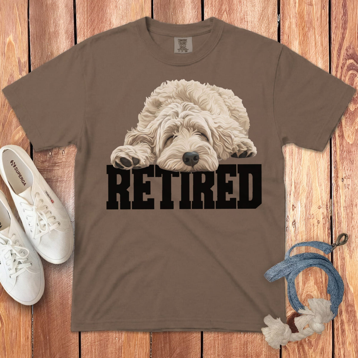 Retired Sleeping Cream Goldendoodle Signature T-Shirt in Espresso / S by Puppy Jo