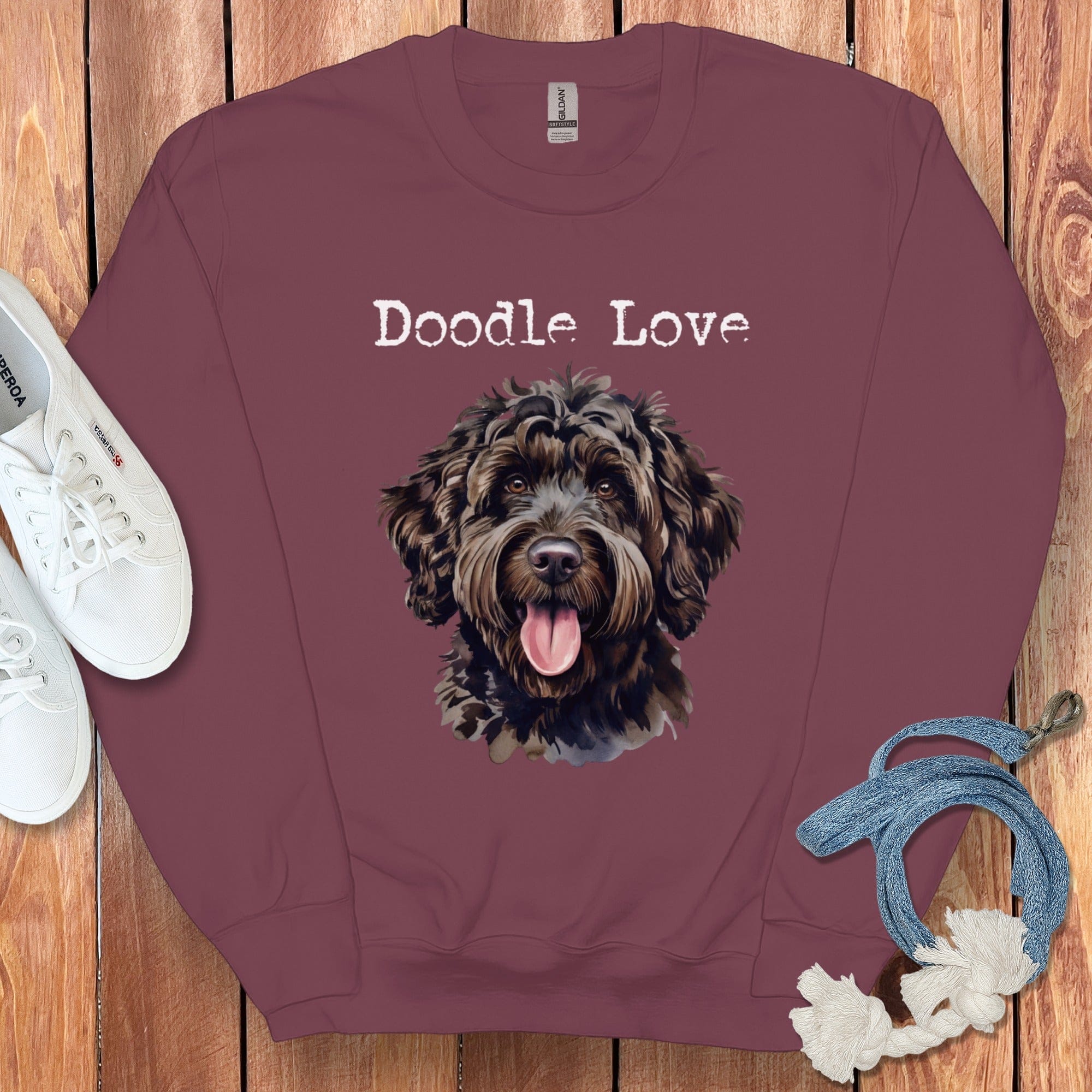 Doodle Love Graphic Design on Maroon Sweatshirt