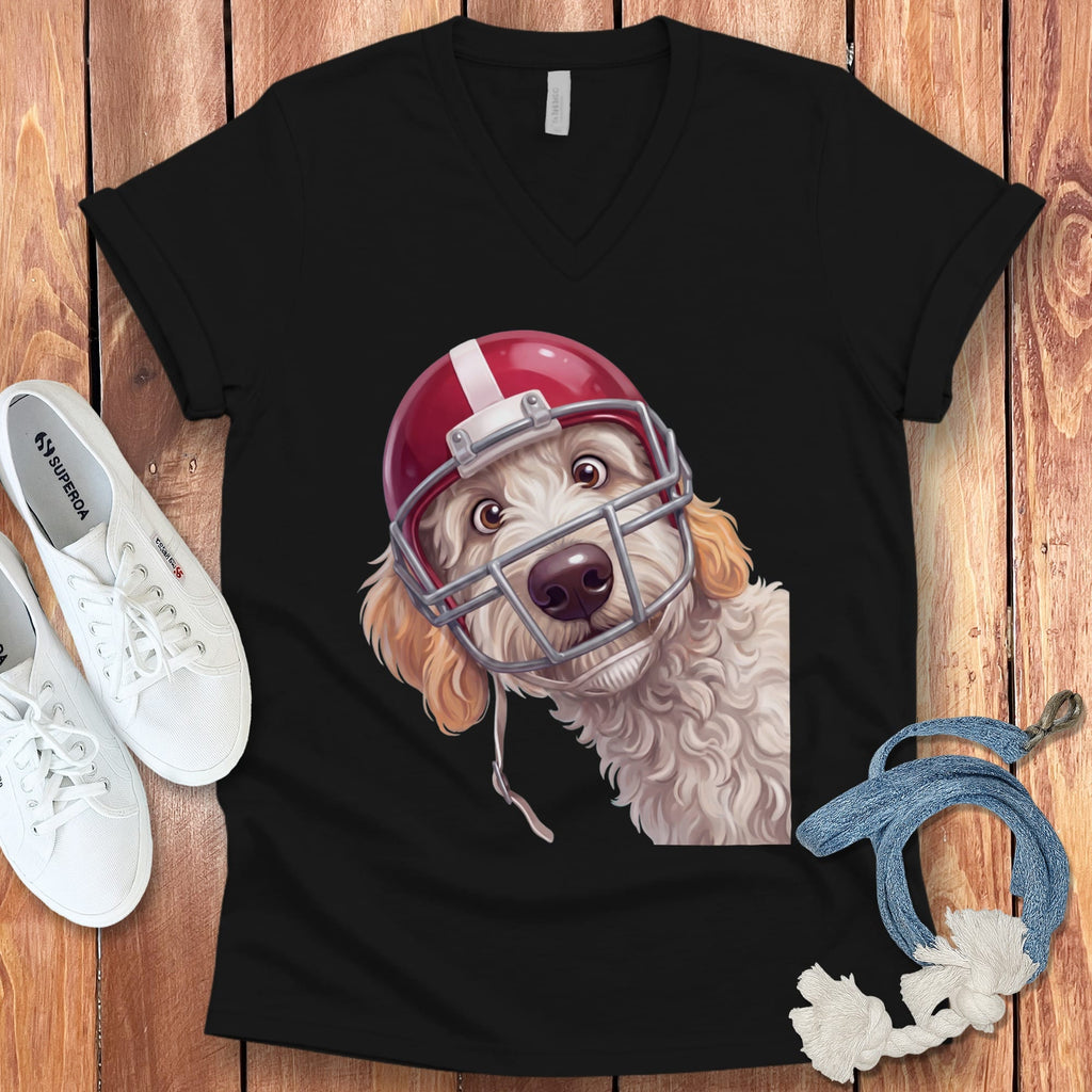 Maltipoo Football Helmet V-Neck T-Shirt in Black / S by Puppy Jo