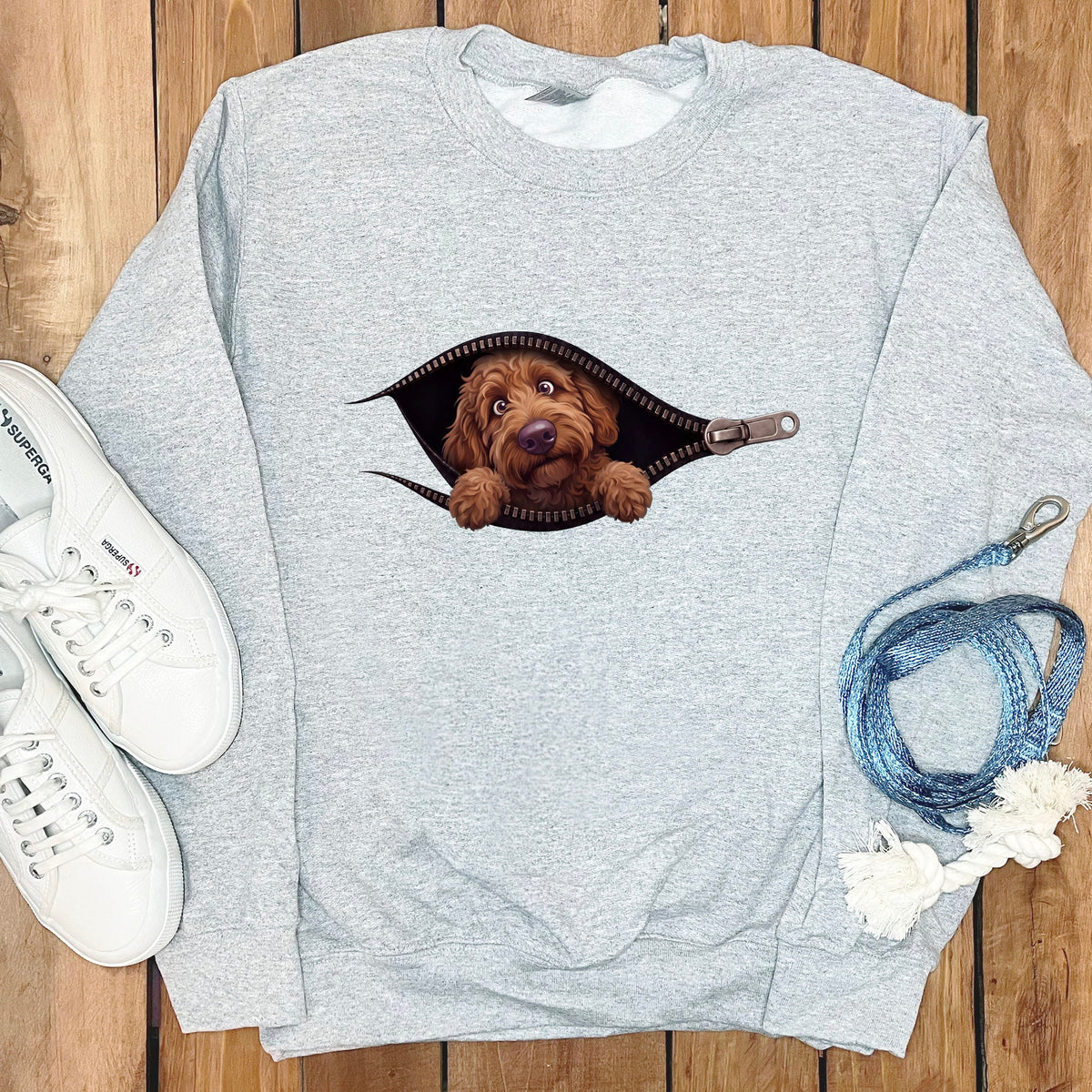 Chocolate Goldendoodle Peeking Zipper Sweatshirt in Sport Grey / S by Puppy Jo