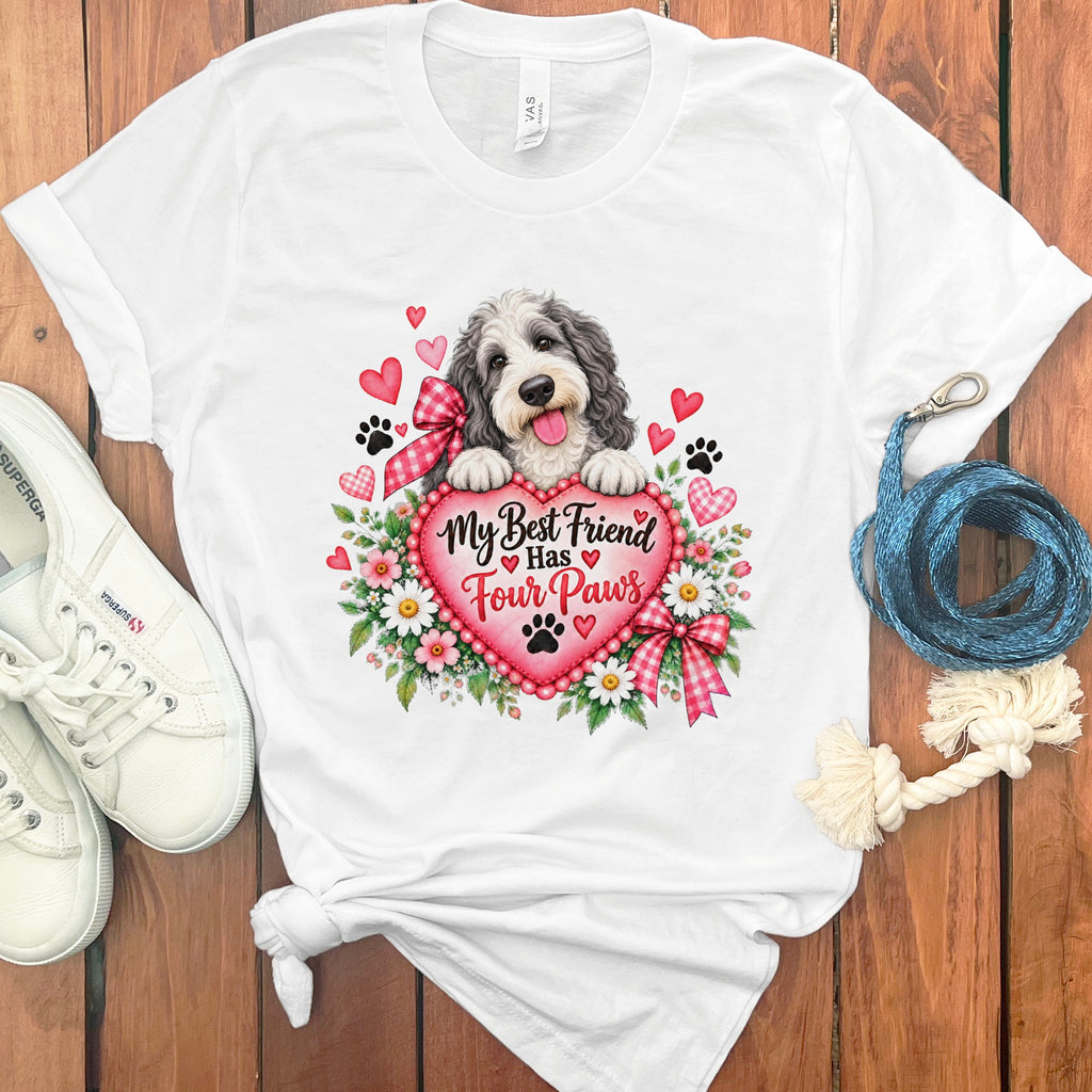 White t-shirt with a graphic of a dog holding a pink heart that says My Best Friend Has Four Paws.