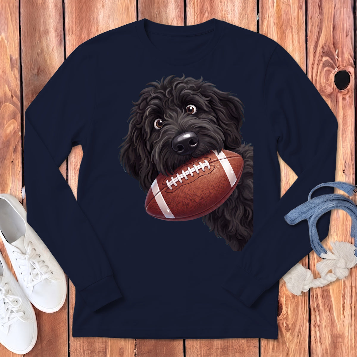 Black doodle dog with surprised eyes holding a football.