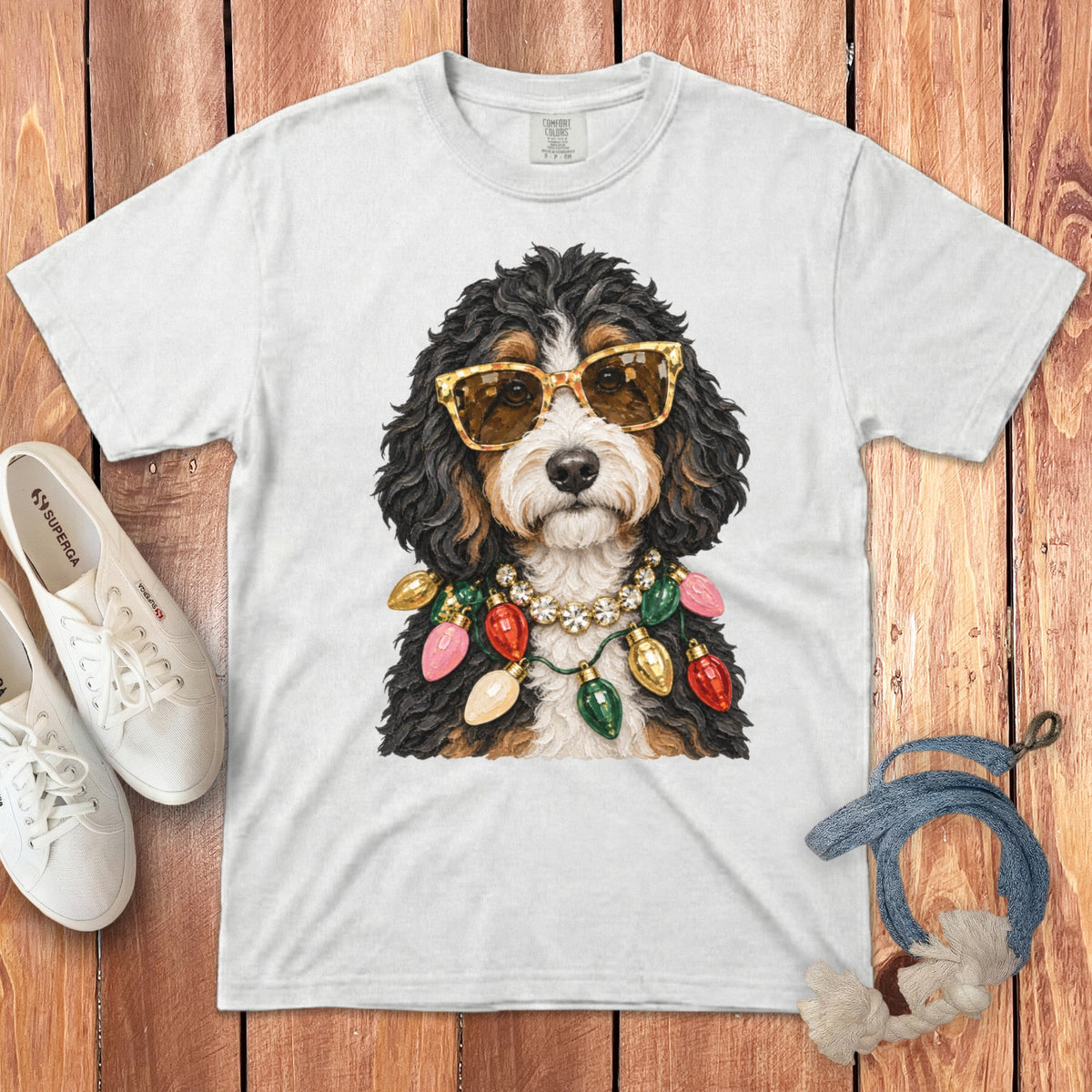 Bernese Mountain Dog wearing sunglasses and a Christmas light necklace on a white t-shirt.