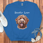 Doodle Love Dog Graphic on Blue Crewneck Sweatshirt