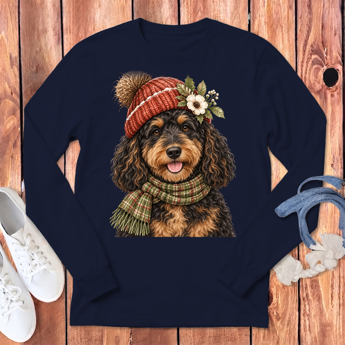 Doodle dog wearing a red knit hat with a pompom and a green plaid scarf.
