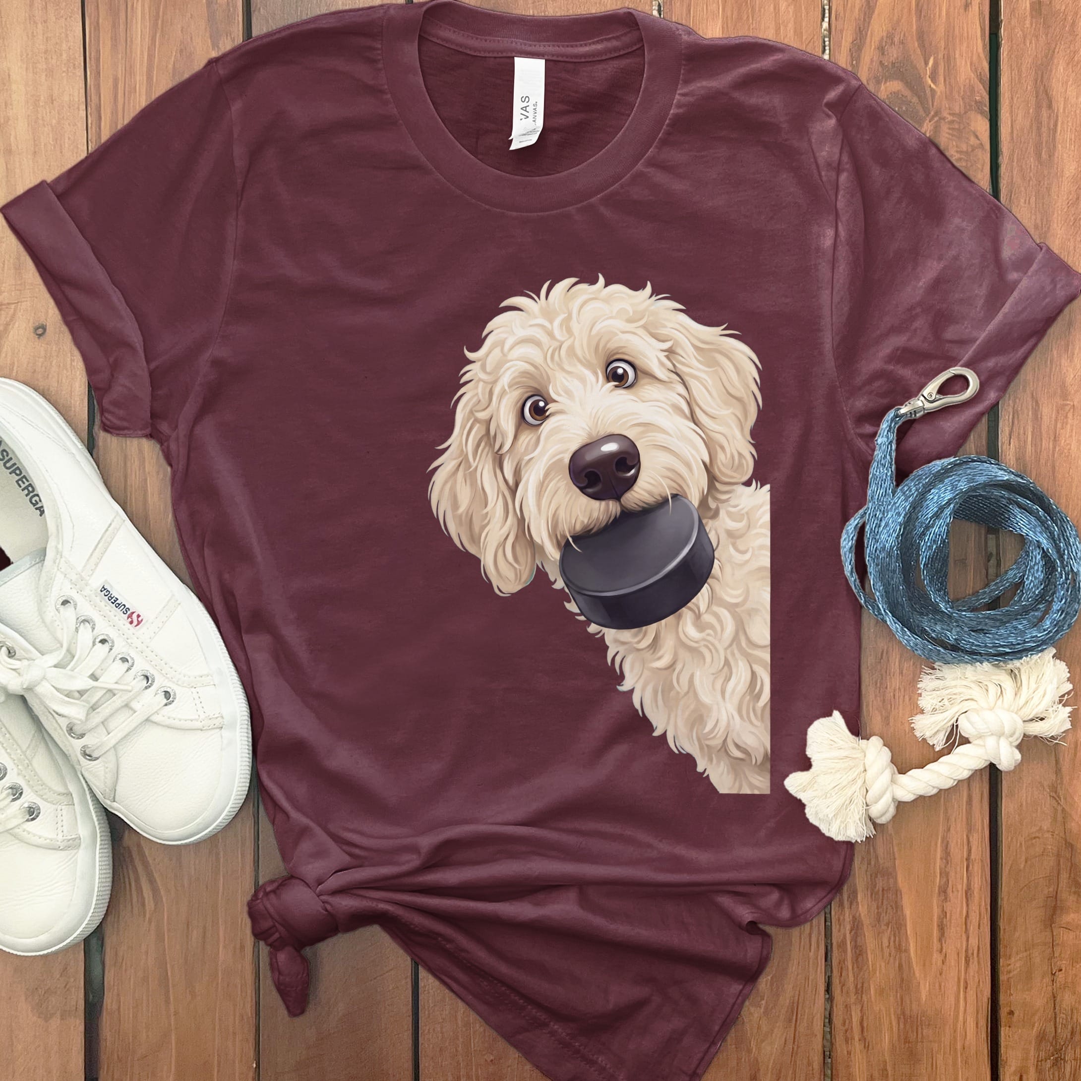 Cream Goldendoodle Hockey Puck T-Shirt in Maroon / S by Puppy Jo