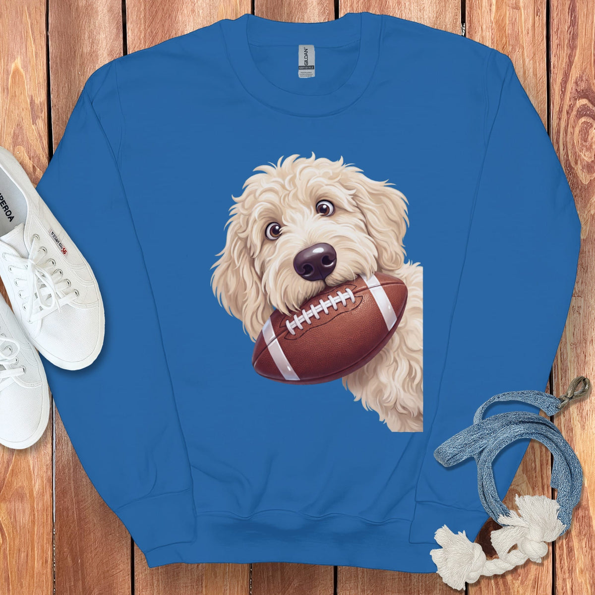 Cream Goldendoodle Football Sweatshirt in Royal / S by Puppy Jo